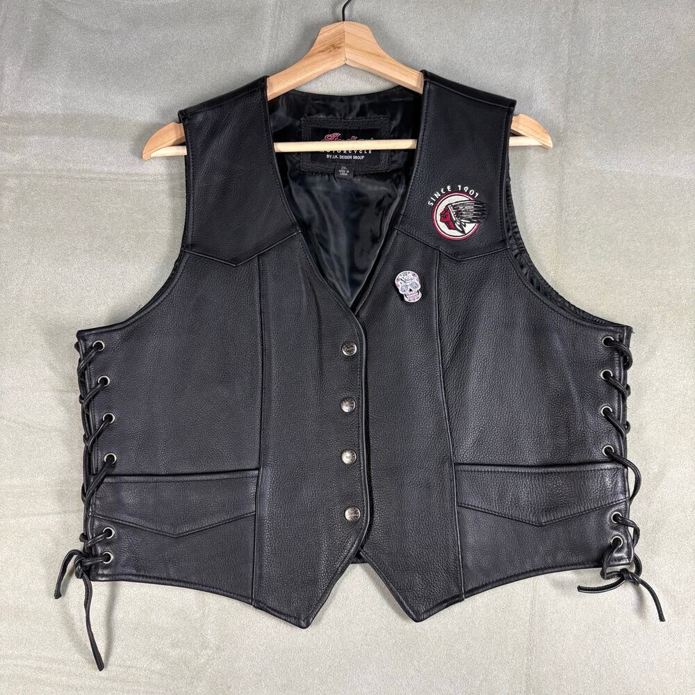 Women’s Indian Motorcycle‎ Genuine Leather Lace Side Vest Black Snap Logo Sz 2XL